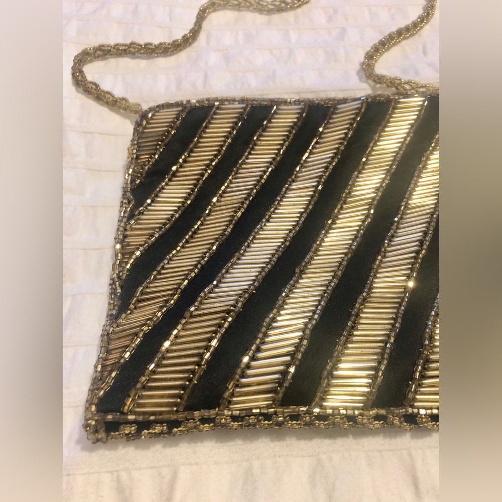 Beaded Gatsby Art Deco Purse Black and Gold Zipper Enclosure Evening Party Bag - Picture 4 of 10